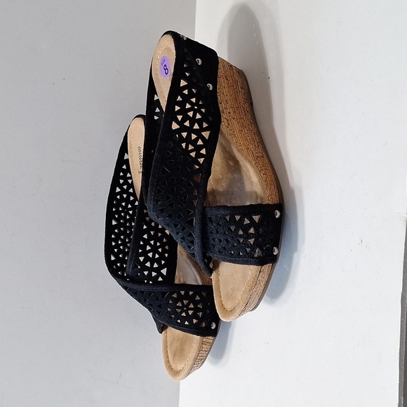 Minnetonka Black Tan Bohemian Lainey Boho Cut Out Suede Wedge Sandals Size 8 - Picture 6 of 12